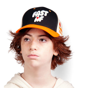 Adjustable Unisex Hockey FAST AF Cap Orange with Embroidered Logo on Model in Studio