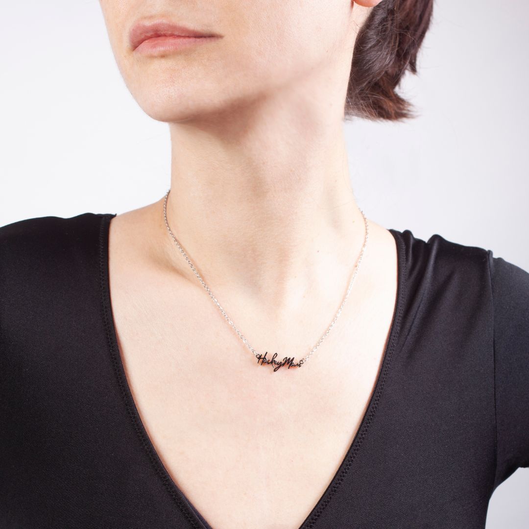 Hockey Mom Stainless Steel Necklace product shot on model