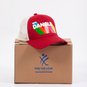 Lets Dangle Hockey Baseball Cap Maroon and White over a For the Love of Hockey Hat Box