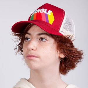 Adjustable Maroon Red Hockey Cap with White Mesh and Screen-Printed 'Let's Dangle' Graphic on Model in Studio