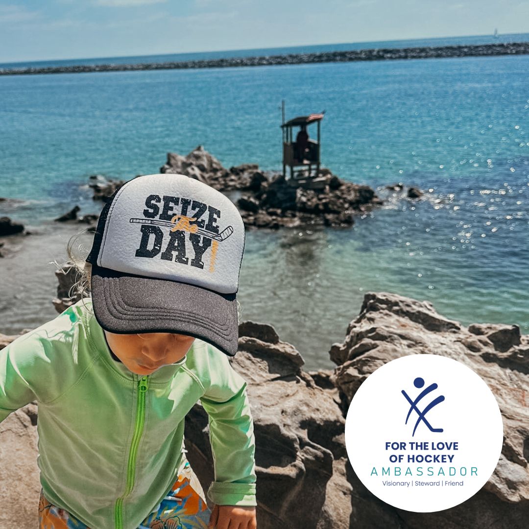 Black Foam Trucker Hockey Lifestyle Hat with Seize The Day graphic on Model