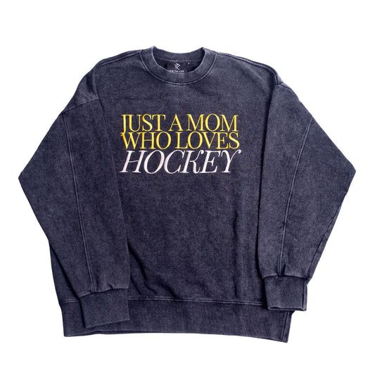 Just a Hockey Mom Stone Vintage Washed Drop Shoulder Crewneck Sweatshirt - Black