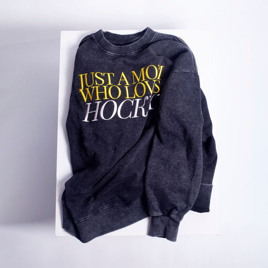 Just a Hockey Mom Stone Vintage Washed Drop Shoulder Crewneck Sweatshirt - Black