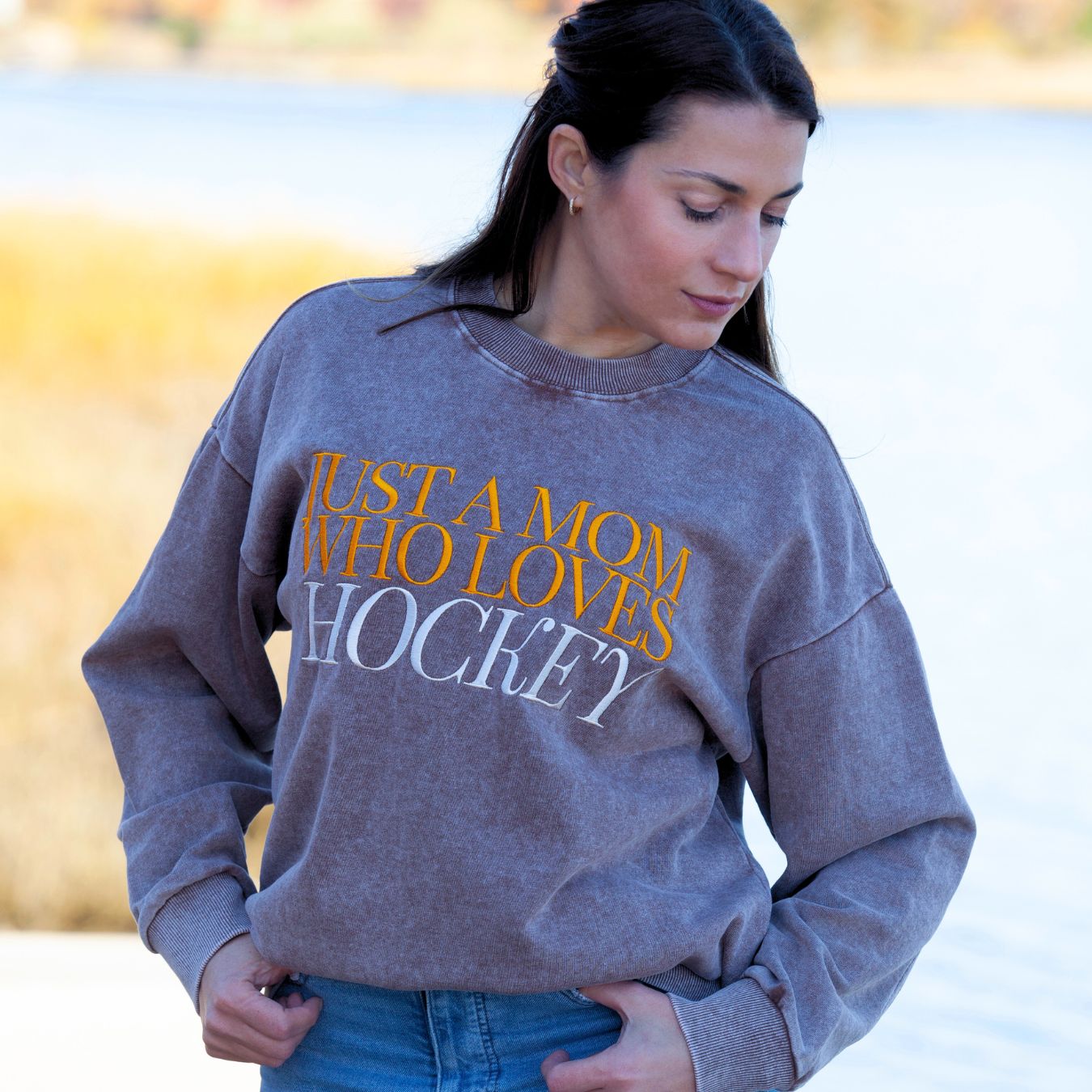 Just a Hockey Mom Stone Vintage Washed Drop Shoulder Crewneck Sweatshirt - Brown